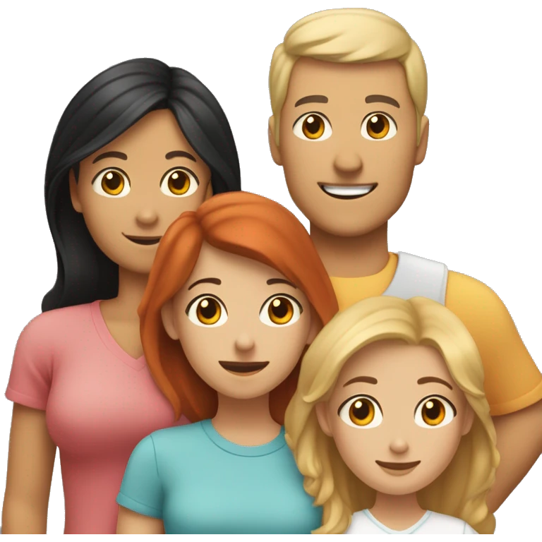 A family of 5 with the dad having black hair, the mom having brown hair, the oldest daughter having blonde hair, the second older daughter having red hair, the youngest boy having light red hair, and a white dog emoji