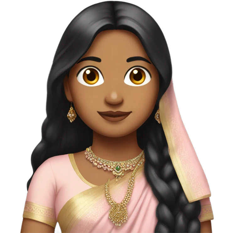 Indian girl with long black hair wearing a light pink saree emoji