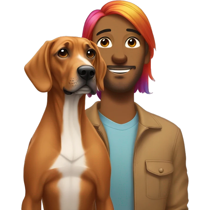 white male with long rainbow colored hair standing alongside a brown rhodesian ridgeback emoji