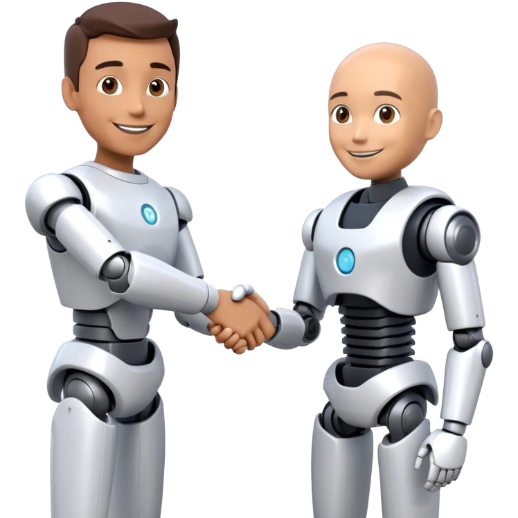 Futuristic emoji: a man and a humanoid robot shaking hands in a friendly manner. The man is smiling, and the robot looks friendly. Minimalistic background, 3D style, realistic details. emoji