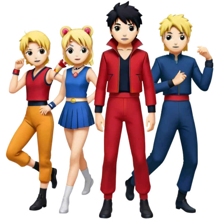 Icon for Anime Collage: Characters from Cowboy Bebop, Naruto, Bishoujo Senshi Sailor Moon and Kimetsu no Yaiba, each in their iconic poses and vibrant outfits, blended together with dynamic backgrounds. Transparent background. emoji