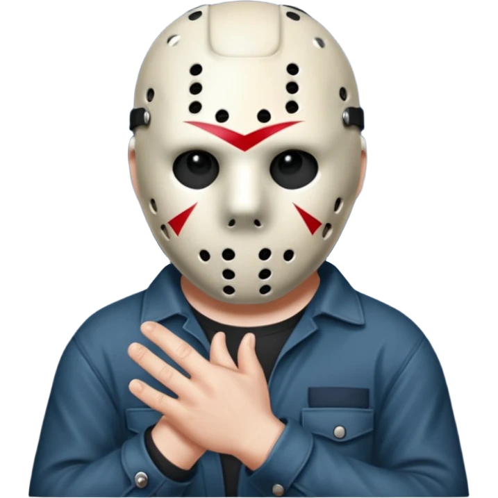 a cartoon image of Jason Voorhees, looking cute, with his hands clasped in front of him, at a sideways angle emoji