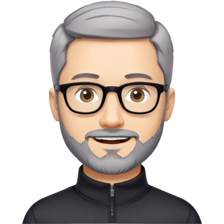 Caucasian man with very short cropped black hair, short beard with noticeable gray hairs, large black eyeglasses, cheerful expression, black athletic long sleeve shirt with quarter zip collar emoji