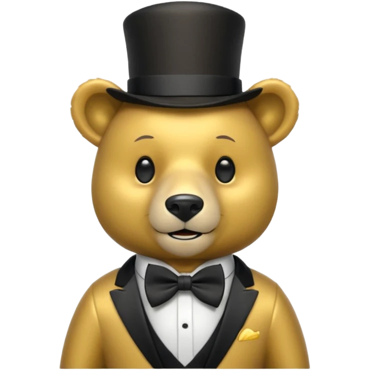 Oso dorado con sombrero elegante y moño negro animatronico feliz emoji