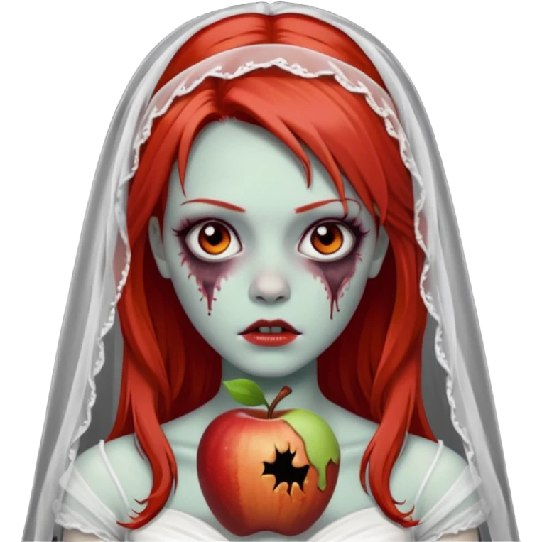 девушка зомби невеста с фатой, с рыжими прямыми волосами по плечи, с черными макияжем глаз, тонкими бровями, в стиле Apple avatar emoji