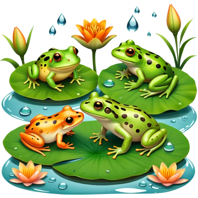 Icon for Amphibians: A colorful collage with various amphibians like a bright green frog sitting on a lily pad, a small salamander with orange spots, and a toad with bumpy skin. Water droplets around them and a pond in the background. Transparent background. emoji