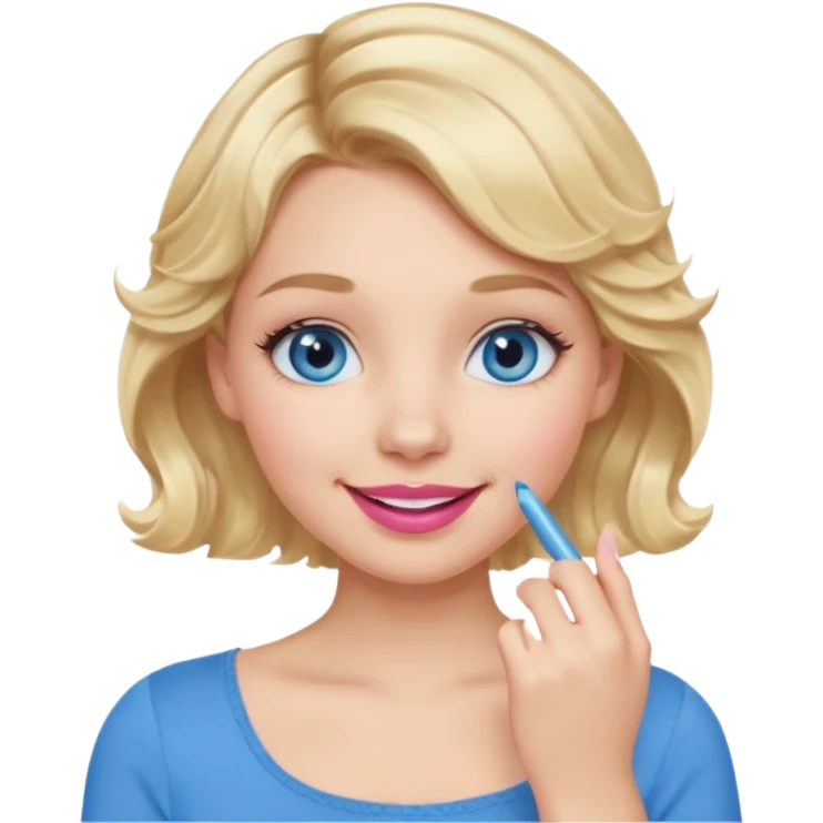 Girl Blonde short wavy hair,  blue eyes, cute blue top, long lashes, pink lips, smiling, hand over the mouth emoji