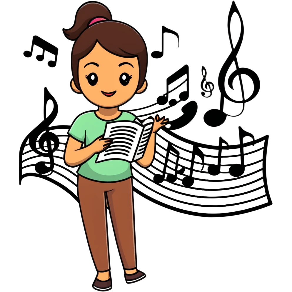 young morena woman with medium-brown skin, long straight dark brown hair, thick eyebrows, almond-shaped dark brown eyes, full lips, gentle smile, surrounded by musical notes, treble clefs, sound waves, dreamy colorful illustration, sticker-like white outline emoji