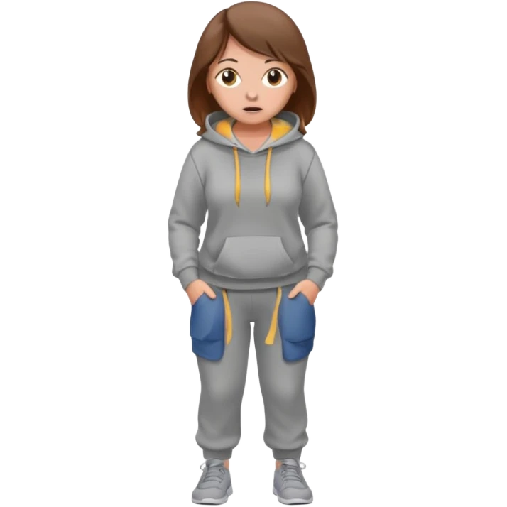 Chica grande  asustada de cuerpo completo con pelo castaño pantalones grises y hoodie gris  emoji