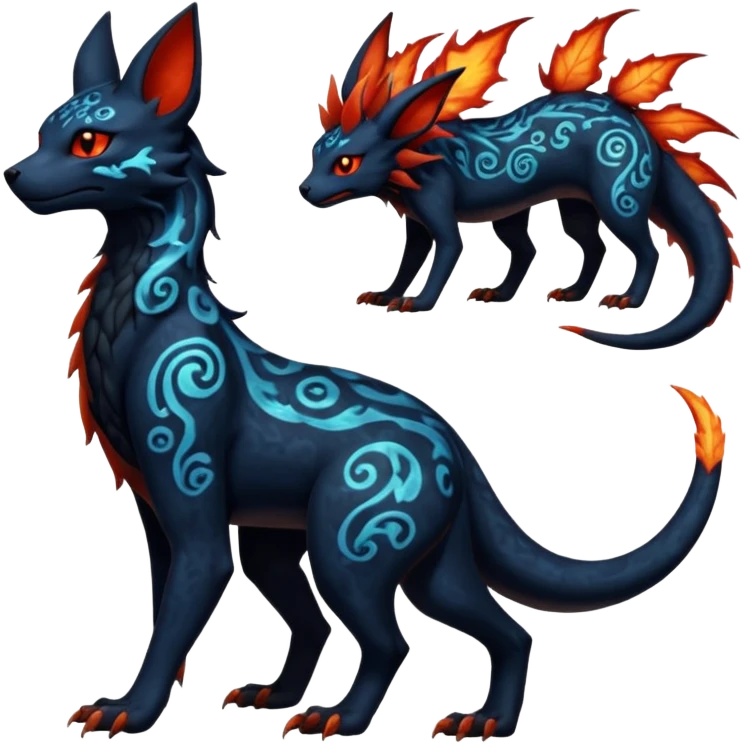 Shiny Fiery Dark Ugly Evil Realistic Glowing Eldritch Horror Cool Edgy Badass Emo Demonic Batty Dusky Ethereal Punky Aural Fluorescent Bioluminescent Hideous Canine-Litten-Amaura-Salandit-Noibat-Flareon-Fakémon-fusion (full body) with intricate pattern markings emoji