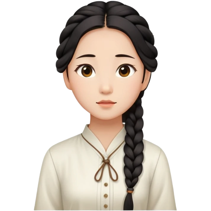  A Chinese girl with a long braid, a brown hairpin shaped , and a white blouse, breathing in the spring air. emoji