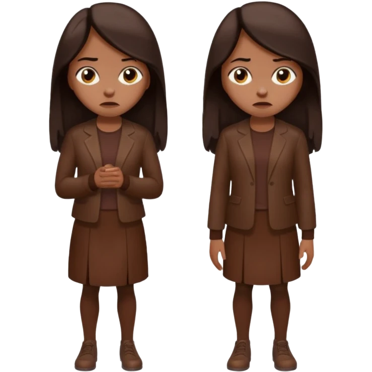 =Cartoon emoji of a woman with long, loose dark hair, wearing chocolate-colored clothes. Full-height, standing, nervous, unsure, worried expression. Slightly hunched, anxious posture. Smooth, simple, stylized emoji