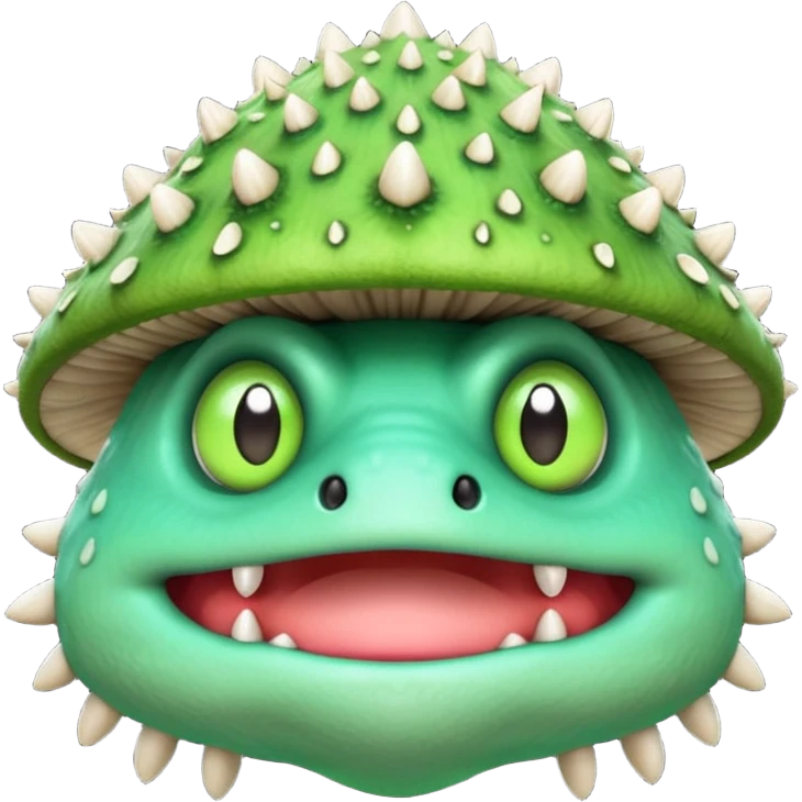 poisonous mushroom monster portrait, head and shoulders only, animal-like creature, mushroom cap head with spikes, toxic green glow, beast-like eyes, furry neck details, monstrous but cute fantasy vibe, 3D cartoon, mobile game icon style, clean background, no text, no watermark

 emoji
