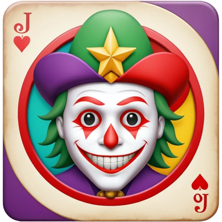 1 poker card, perfectly squared card, with crazy colorful human jolly joker inside, star symbol with a "J" emoji