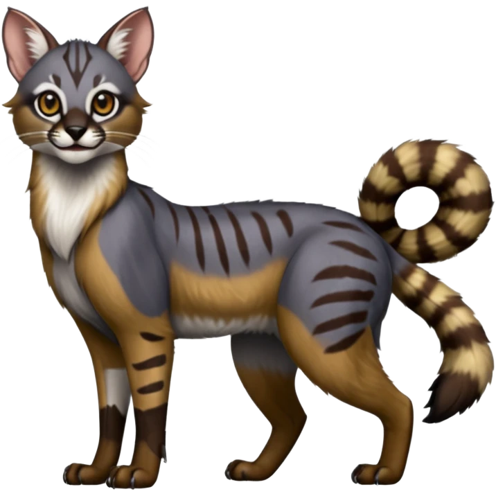 Realistic edgy bluish greyish blackish whitish silvery coppery Shiny Colorful Dusky Dark Gloomy Glossy Genet-Caracal-Lion-Bobcat-fusion-animal-hybrid-creature, full body, tufted ears, long thin tufted tail emoji