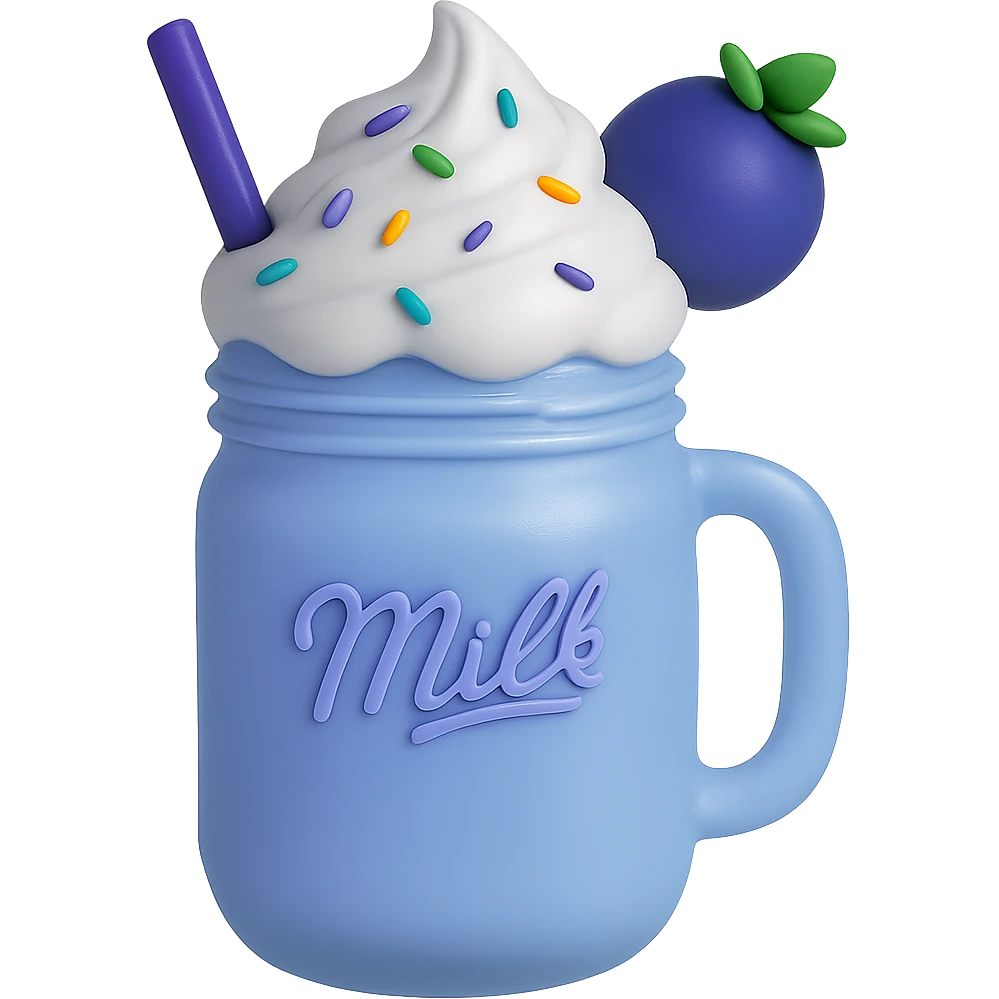Change the image to a blueberry milkshake theme using cool blue and purple tones. Keep the mason jar, whipped cream, rainbow sprinkles, and blueberry on top. Remove the background. emoji