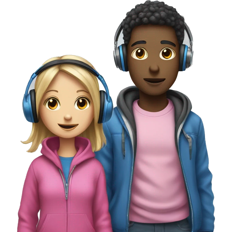 A BOY IN BLU CLOTES AND A GIR I PINK CLOTHE WEARING HEADPHONES emoji