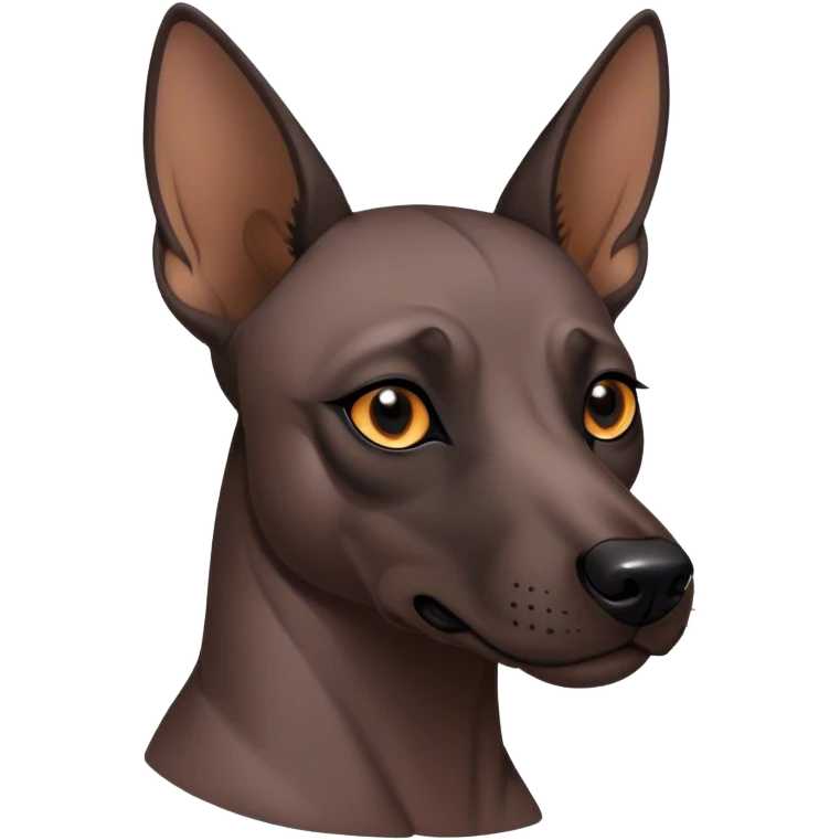 Cinematic Noble Xoloitzcuintle dog Portrait Emoji, Poised and regal, with a sleek, muscular build and smooth, hairless ebony skin accented by subtle wrinkles, deep-set soulful dark eyes, Simplified yet sharp and sophisticated features, highly detailed, glowing with a soft, dignified glow, high shine, intelligent and loyal, stylized with an air of ancient grace, focused and attentive, soft glowing outline, capturing the essence of a watchful and confident guardian, so majestic it feels as though it could stride out of the screen with effortless authority! emoji