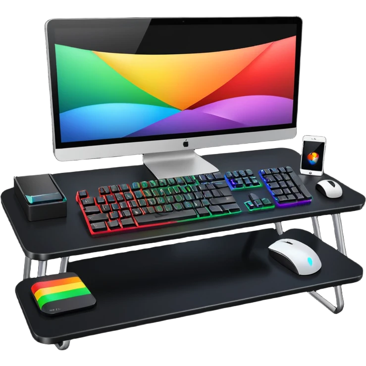 rgb gaming computer on black desk with a black keyboard and mouse emoji