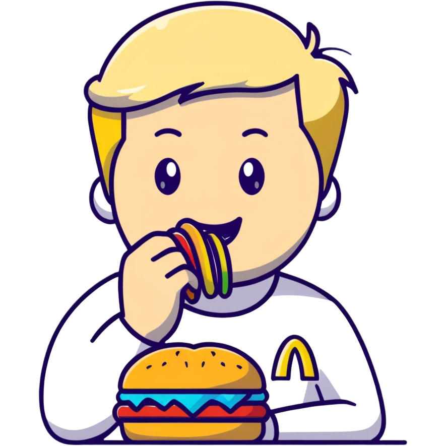 Blonde man with white skin and blue eyes eating a McDonald's hamburger, LGBT pride symbol emoji