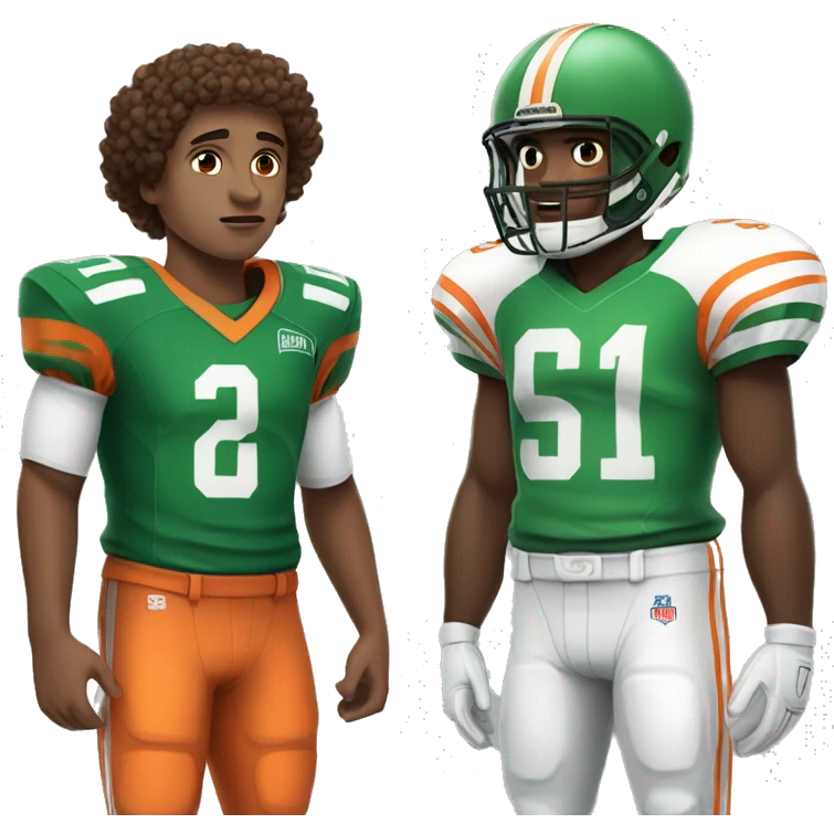 white boy with curly brown hair Football player in green and white jersey, facing off with football player in orange and black jersey emoji