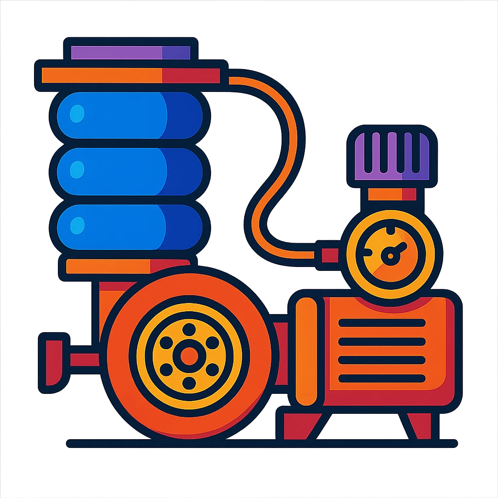 stylized car air suspension focusing on airbag and compressor with bold shapes and vibrant colors emoji