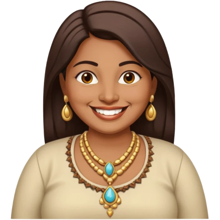 40 yr old chubby indian woman, dark skin, straight brown hair, big smile, white teeth, western clothes emoji