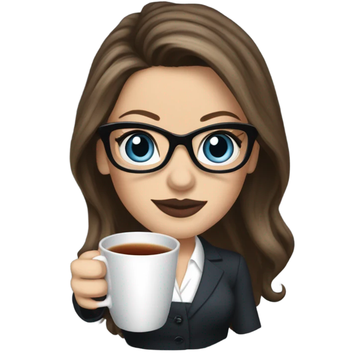 Realistic Kate Beckinsale blue eyes wearing glasses in a business dress drinking a cup of tea  emoji