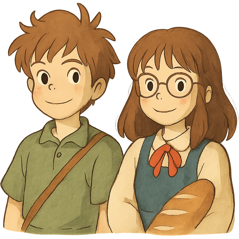 Mac and Chesser as ghibli-inspired characters, soft colors, whimsical emoji