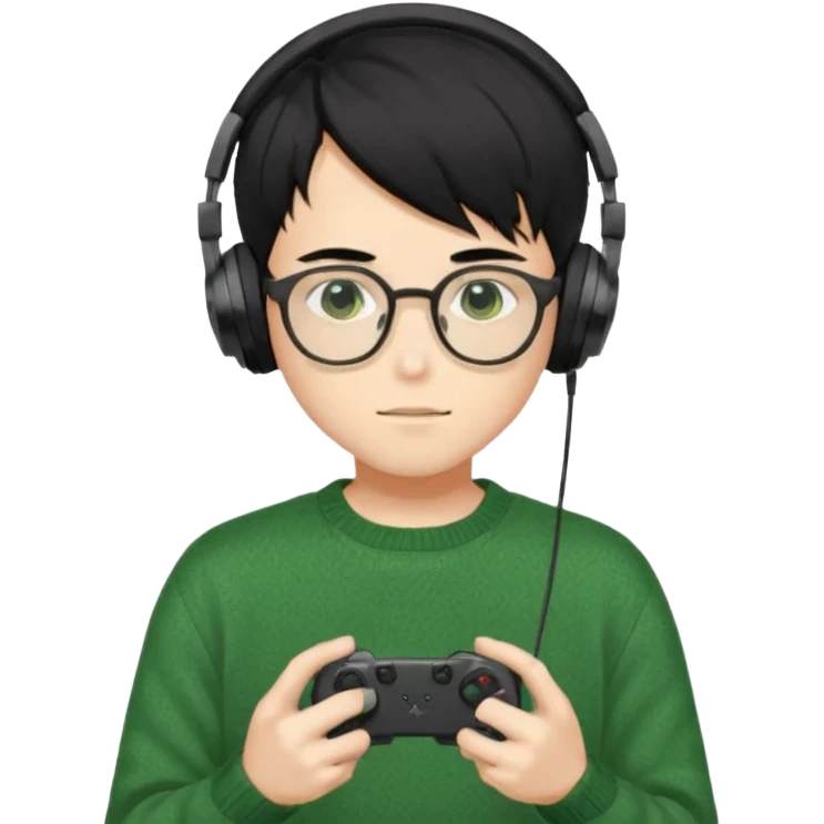 
gamer, Gorgeous green sweater black hair anime style shojo guy glasses, headphone, gamepad emoji