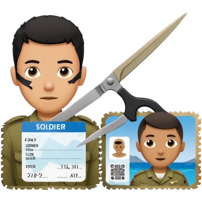 Floating black Scissors cutting in half an idf soldier ID card in 2 parts .hyper realistic emoji