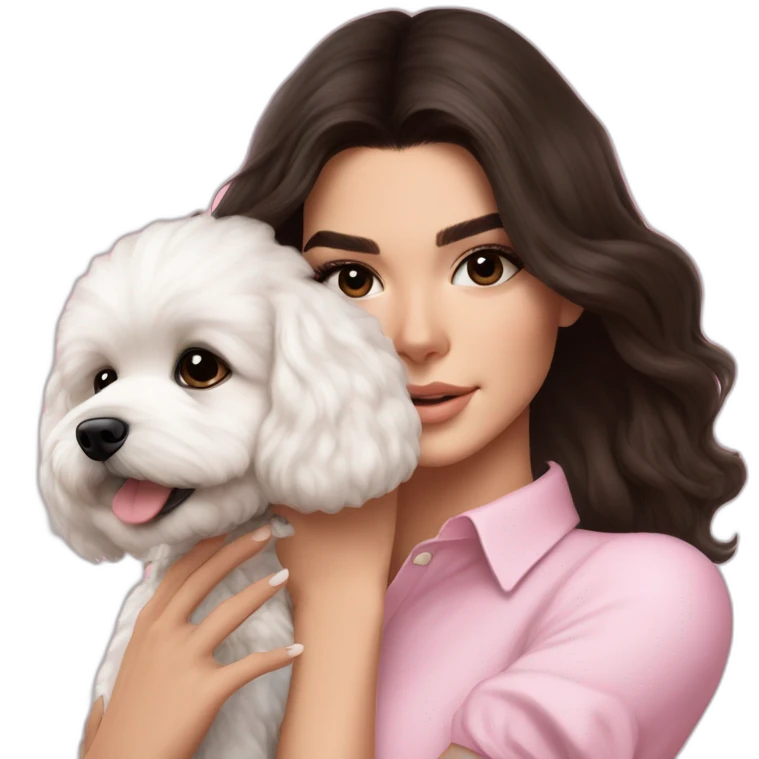 brunette Kendall Jenner with long hair holding on the hands white maltipoo wear on pink collar emoji