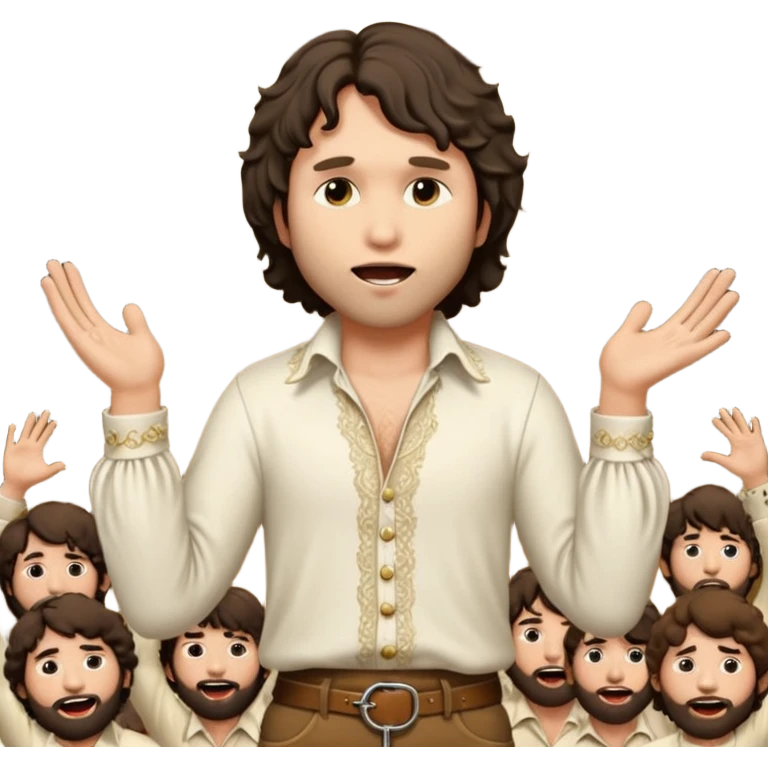 solarpunk realistic ultra HD - unkempt, shaggy with big sideburns Jim Morrison in an ivory Victorian shirt, in an ecstatic dramatic pose, sings on stage emoji