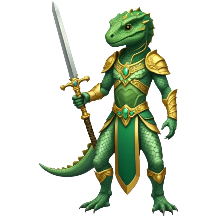 full body reptilian humanoid in ancient outfit holding a gold sword ornate details emoji
