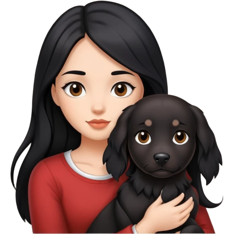brunette girl with long black hair holding a black mutt emoji