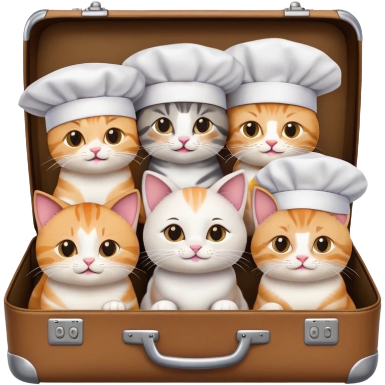 a group of cats, some wearing chef hats, all sitting together inside a big suitcase, emoji style emoji