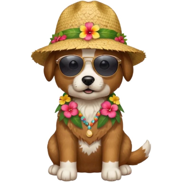 dog with sunglasses and straw hat, hawaii shirt emoji