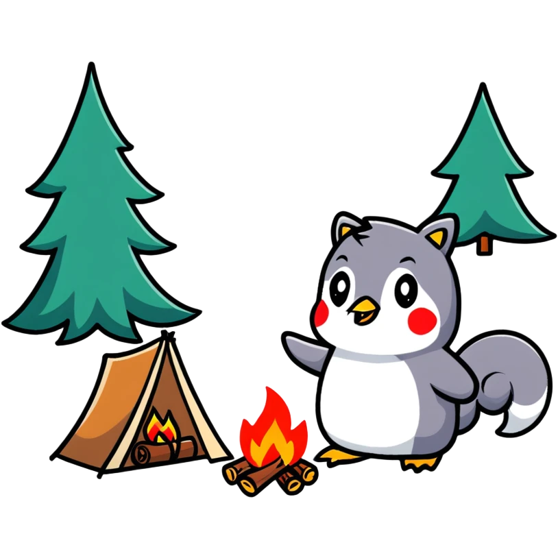 Pinguin und Eichhörnchen beim Campen, Lagerfeuer, cartoon sticker emoji