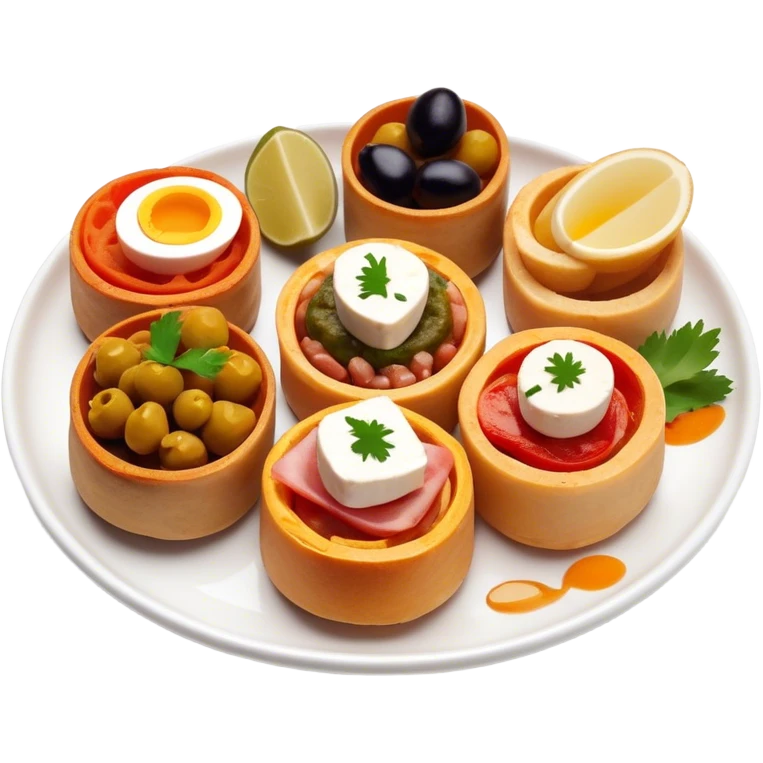 Tapas (4 Pintxos) Cinematic Realistic Tapas Dish Emoji, depicted as an assortment of 4 pintxos elegantly arranged on a plate, rendered with lifelike textures and vibrant, inviting lighting. emoji