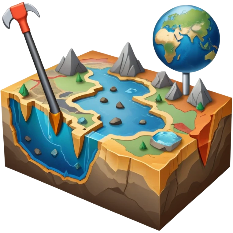An icon featuring a crowbar and a geological map, and layers of Earth’s crust, symbolizing geology. The design includes mineral samples, fossils, and tectonic plates, representing the study of Earth’s structure and natural processes. Transparent background highlights geological exploration emoji