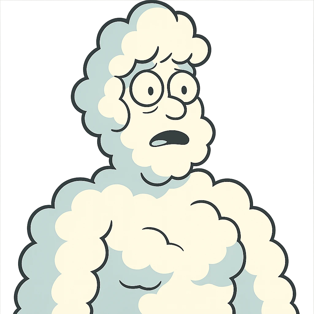 person, upper body up to the shoulders entirely made of voluminous clouds, clouds form the shape of a person, cartoon illustration style emoji