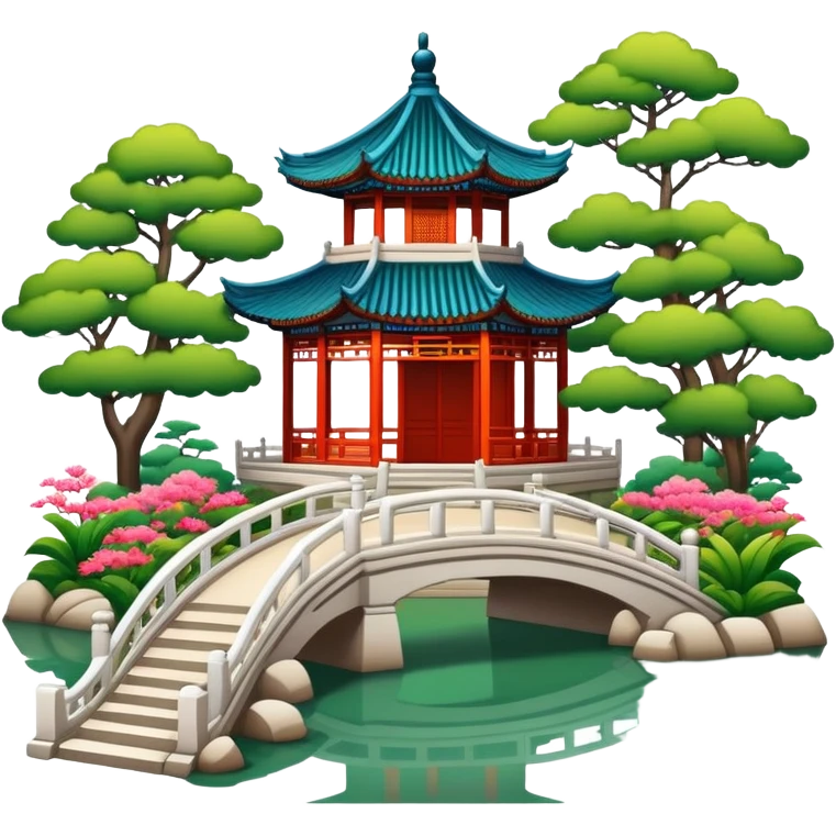 Suzhou classical garden with pavilion, simplified emoji style with bold outlines and bright colors, cartoon style traditional Chinese garden emoji