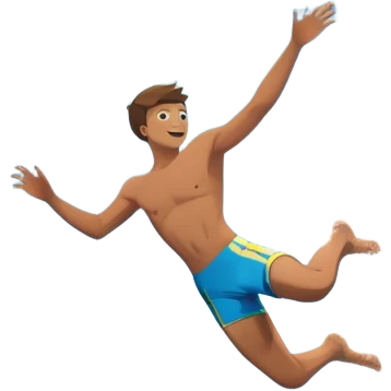 A diver mid-air, plunging from a high cliff into the sparkling ocean below. The background features rugged cliffs, clear blue water, and a bright sky, emphasizing the excitement and danger of the sport with a sense of freedom and adventure. emoji