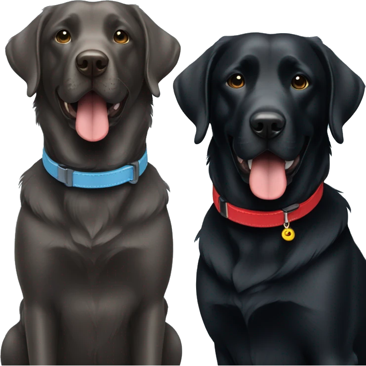 2 happy adult black labradors, one has a red collar, one has a light blue collar,side by side. emoji