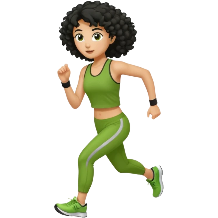 a woman with olive skin tone and curly black hair wearing green and jogging emoji