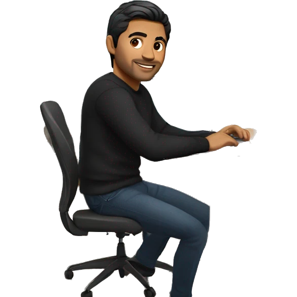     memoji of a man with a laptop in front, apple-style,modern,dark hair,black sweater,computer in hand, indian brown skin, sitting on his desk emoji