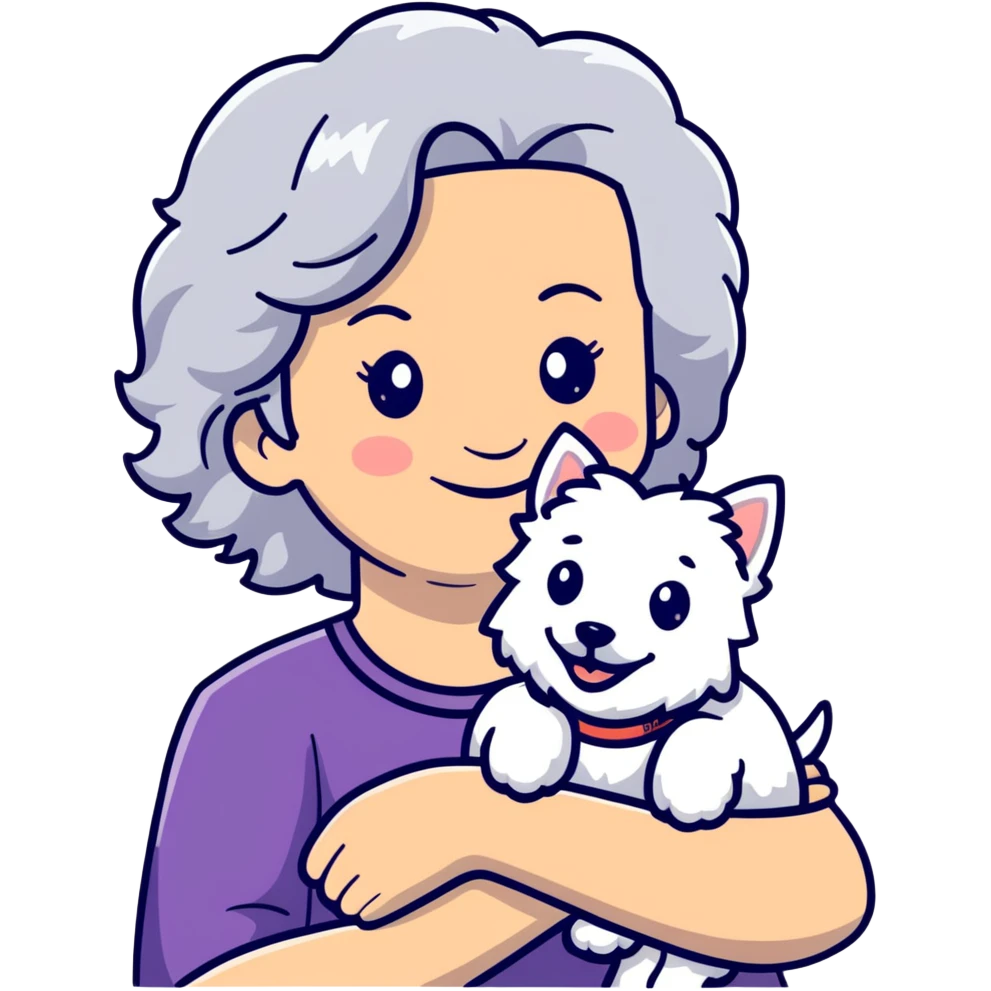 50-year-old woman with silver curly hair, smiling, with a Westie dog, cartoonish sticker emoji