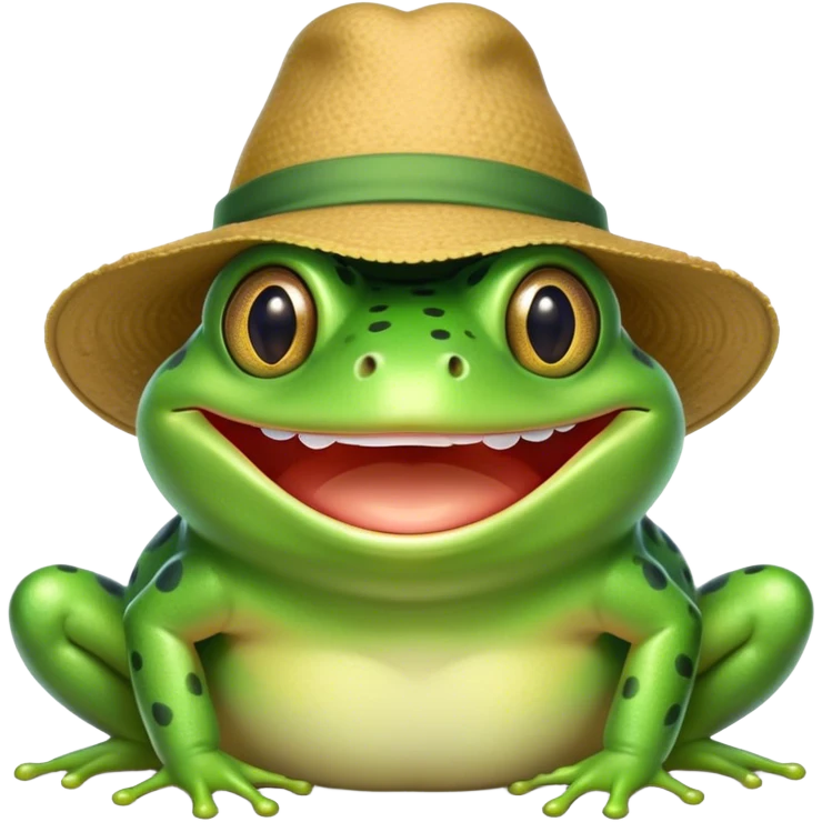 a frog with a hat smiling so big he's teeth are on his hat emoji
