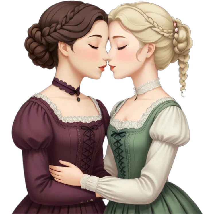 eyes closed lesbian kiss between modest Victorian women with different hair colors wearing dark outfits emoji