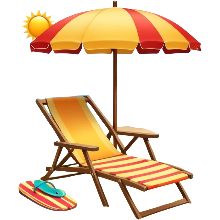 Icon for Beach Tourism: a sunny beach with the sea and waves, a lounge chair, a sun umbrella, and flip-flops on the sandy shore. The background should be a clear, vibrant ocean view with the sun shining brightly. Transparent background. emoji